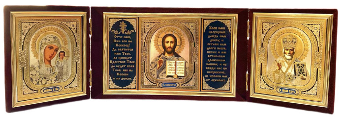 деталь Икона в бархате серебряная Николай и Казанская 12x40 см складная 3 (красная)