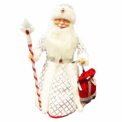 Фигурка Деда Мороза в белом с серебром и красной сумочкой, с отделением для сладостей и подарков, 40 см
