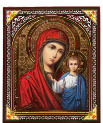 Иконка деревянная Казанская 15x18 см в коробке (красное платье)