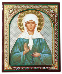 Икона деревянная Матрона 10х12см в киоте (синий фон)