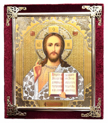 Икона в бархате 15х18см Спаситель(красная)