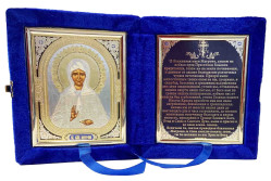Икона в бархате с молитвой Матрона 12х20см складная синяя