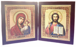Икона в бархате двойная 12х20см Казанская и Спаситель
