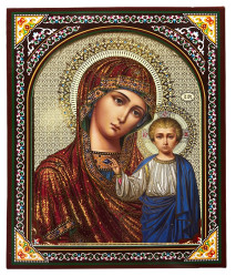 Икона деревянная Казанская 15x18 см в киоте (красно-золотое платье) 