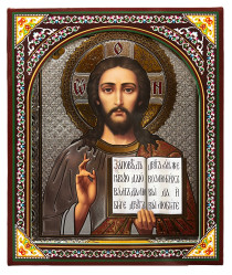 Иконка деревянная Спасатель 15x18см в киоте (серебреный фон)