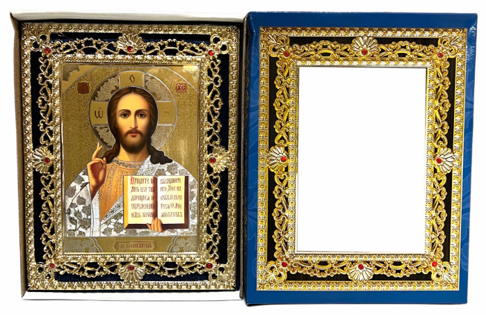 деталь Икона деревянная Спаситель 15х18см в синем футляре