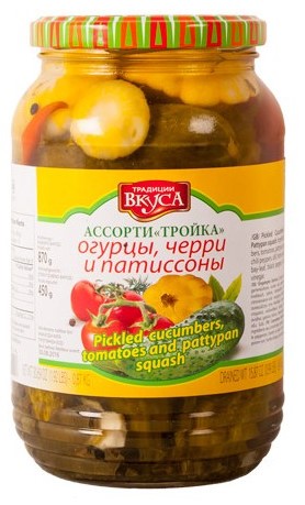 деталь Ассорти из помидоров, огурцов и патиссонов 870г Традиция вкуса