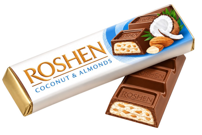 деталь Молочный шоколад с кусочками миндаля и кокосовой начинкой 38г Roshen