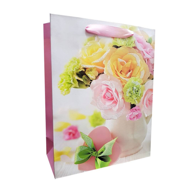 деталь Dárková taška kytice květin v bílé váze 25x32x11cm