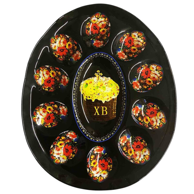 деталь Стеклянный поднос на 10 пасхальных яиц Великдень, Жостово 24,5 × 21 см