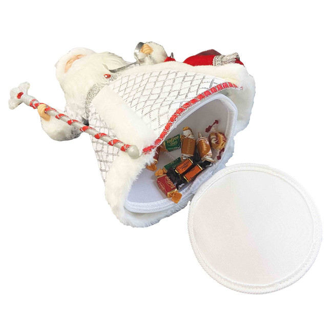 деталь Фигурка Деда Мороза в белом с серебром и красной сумочкой, с отделением для сладостей и подарков, 40 см