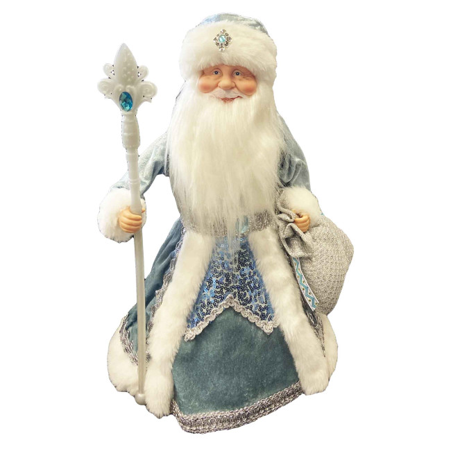 деталь Фигурка Деда Мороза в светло-сине-белом с серебром, с отделением для сладостей и подарков, 40 см