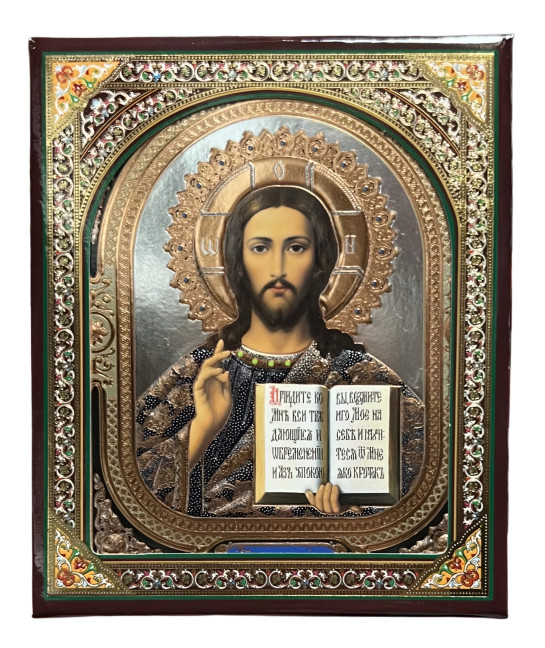 деталь Икона деревянная Спаситель 10х12см в киоте (серебреный фон)