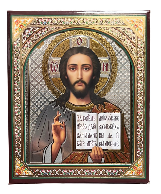 деталь Икона деревянная Спаситель 10х12см в киоте (серебреный фон)