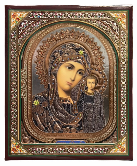 деталь Икона деревянная Казанская 10х12см в киоте (серебреный фон)