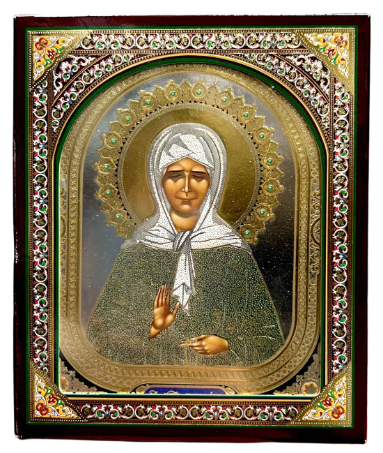 деталь Икона деревянная Матрона 10х12см в киоте (серебреный фон)